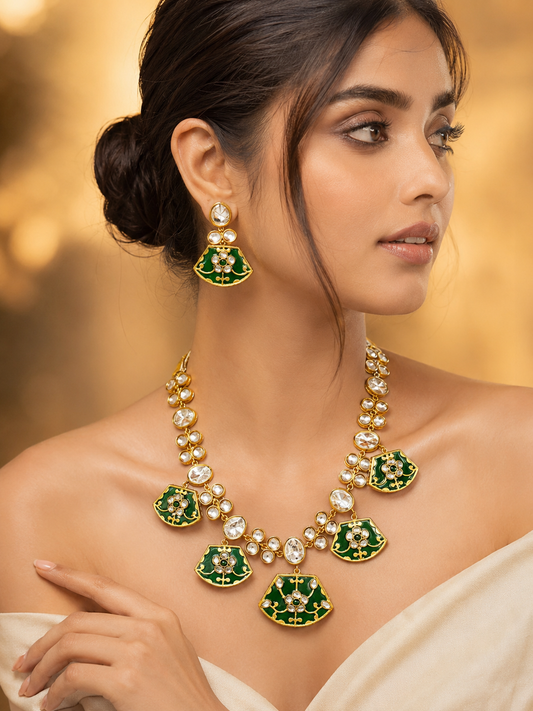 Green Kundan Polki Monalisa Choker Necklace Set with Earrings