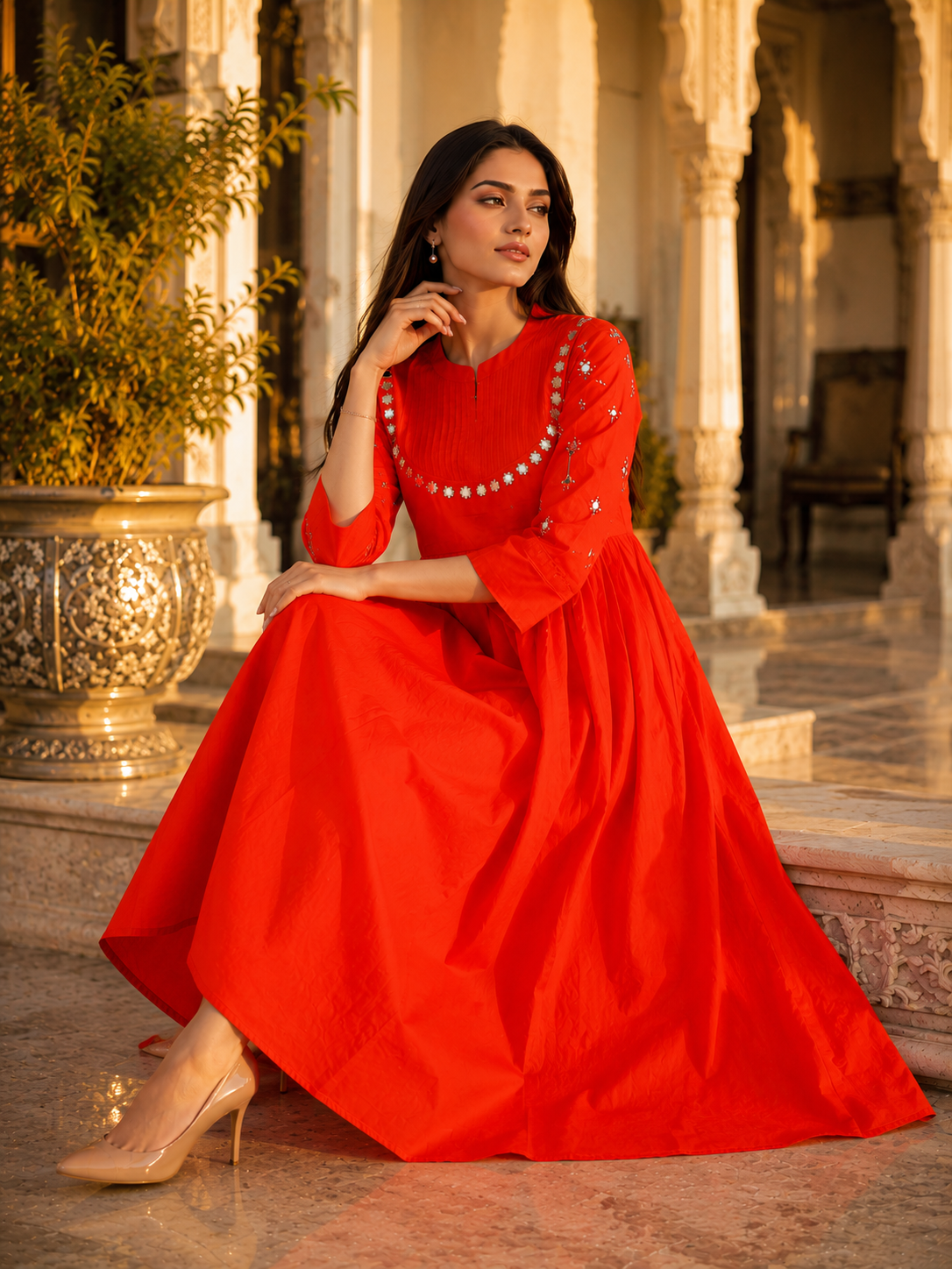 Elegant Red Mirror Work Flared Ethnic Dress