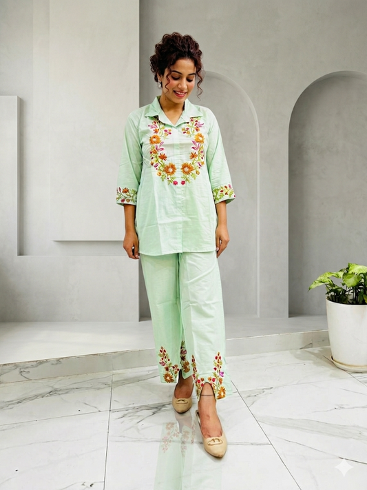 Mint Bloom Embroidered Co-ord Set