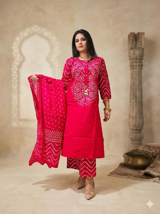 Vibrant Pink Bandhani Printed 3-Piece Kurta Set with Dupatta