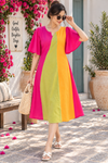 Women’s Multicolor Color Block Flared Sleeve Midi Dress