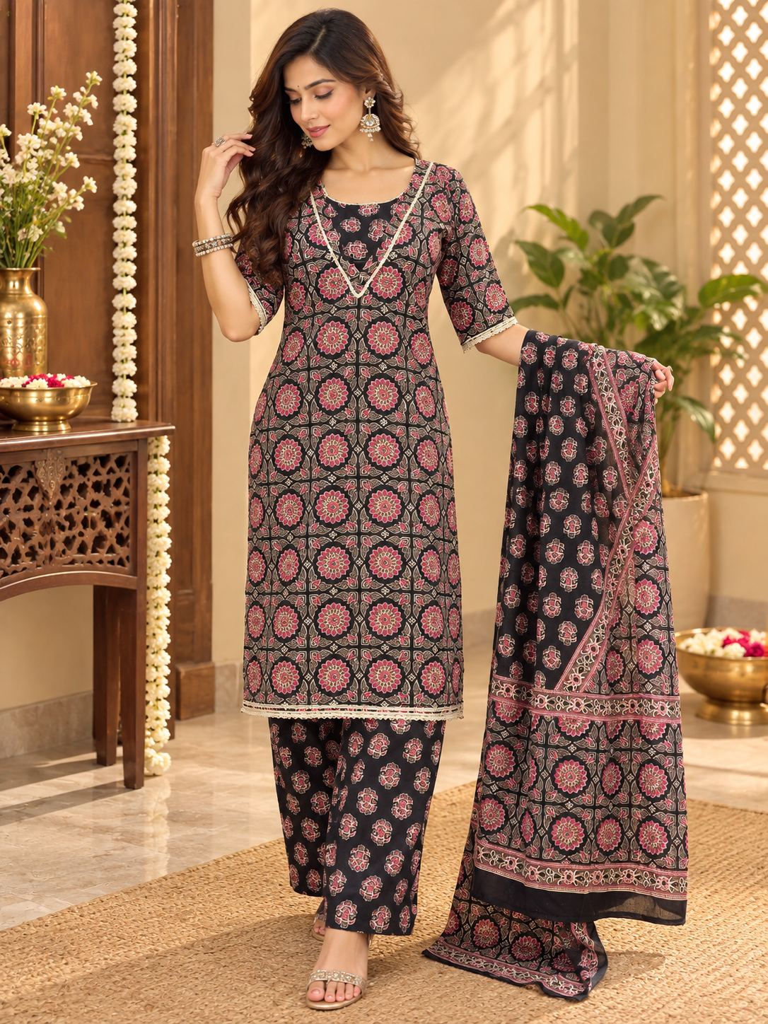 Women’s Black Floral Printed 3 Piece Kurta Set