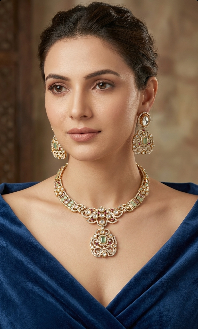 Mehandi Plated Polki Kundan Necklace Set with Glass Stones
