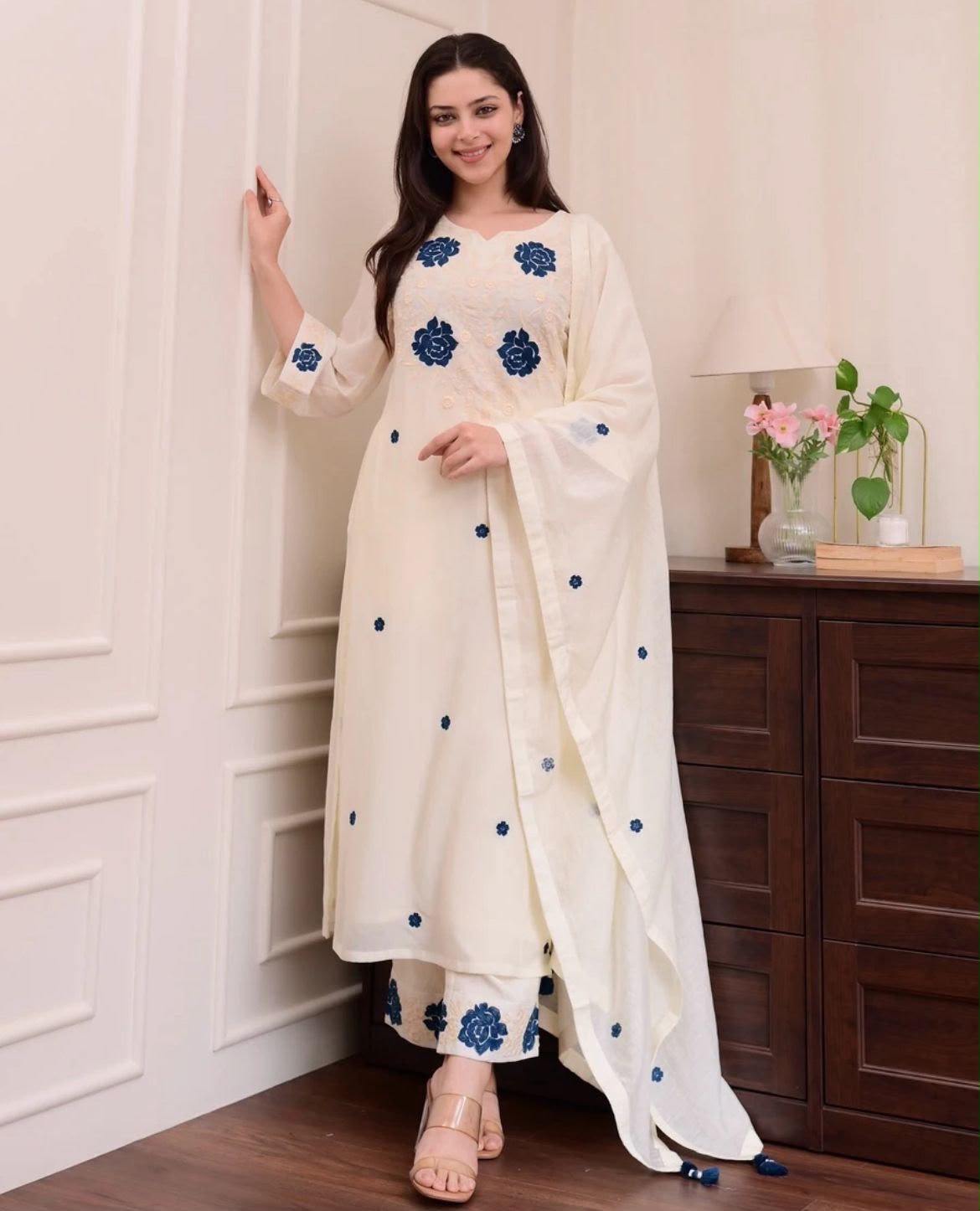 Ivory Chanderi Silk Kurti Pant Dupatta Set