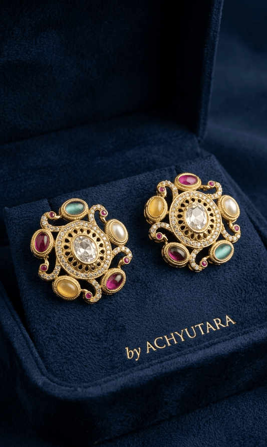 Multicolor Vintage Royal Monalisa Statement Stud Earrings for Women - Achyutara