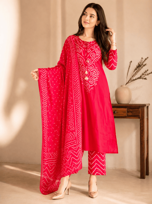 Vibrant Pink Bandhani Printed 3-Piece Kurta Set with Dupatta - Achyutara
