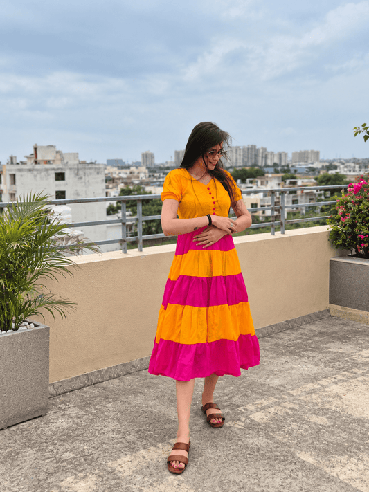 Yellow & Pink Color Block Tiered Maxi Dress for Women - Achyutara