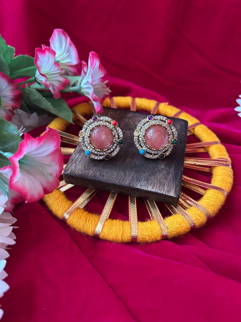 Mehandi Plated Dublet Carry Stone Designer Stud Earrings
