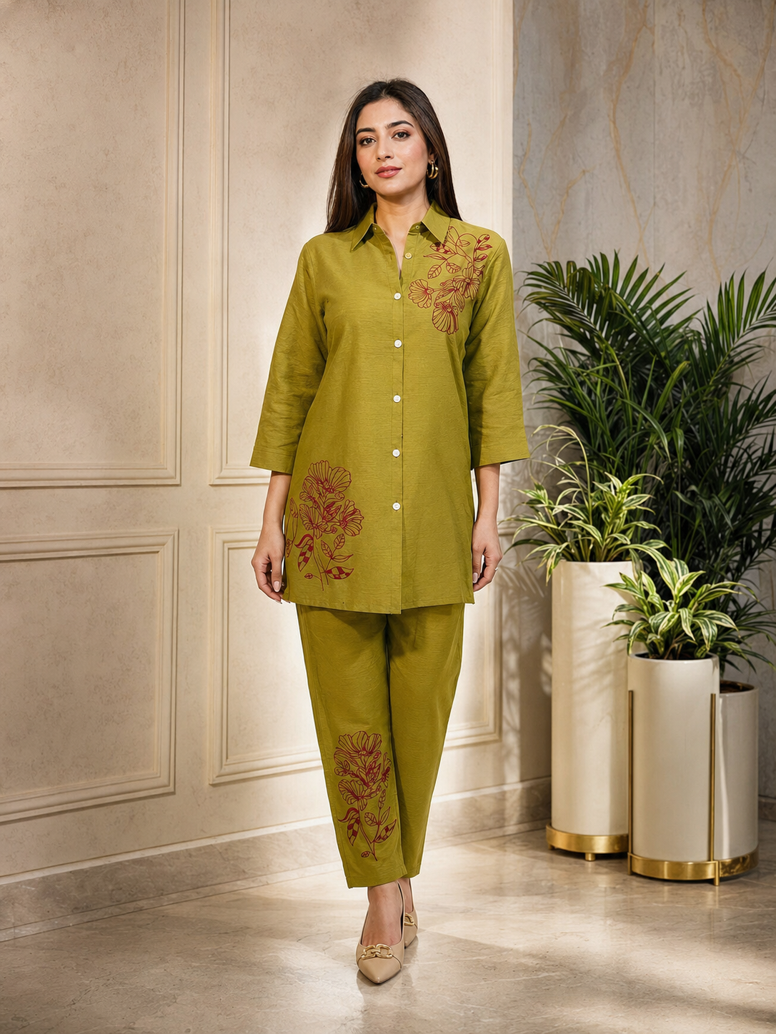 Olive Bloom Embroidered Co-ord Set