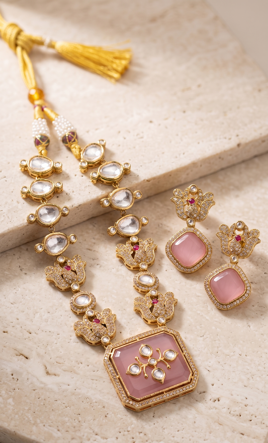 Elegant Kundan Pink Stone Necklace Set with Earrings
