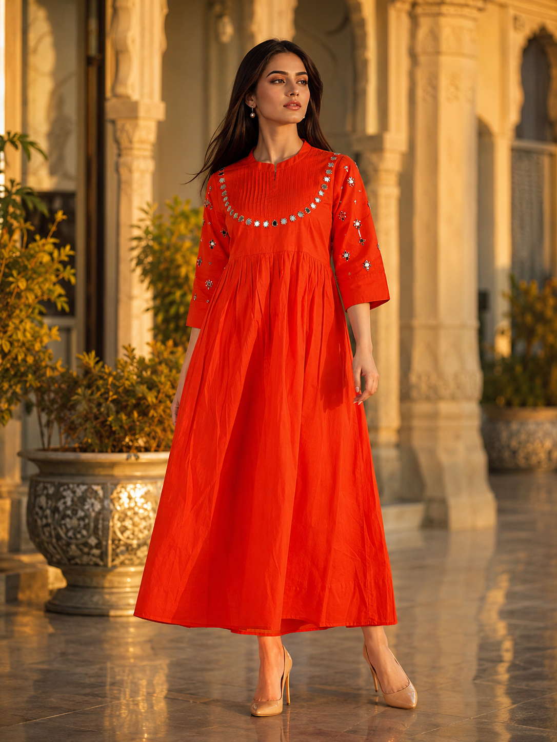 Elegant Red Mirror Work Flared Ethnic Dress