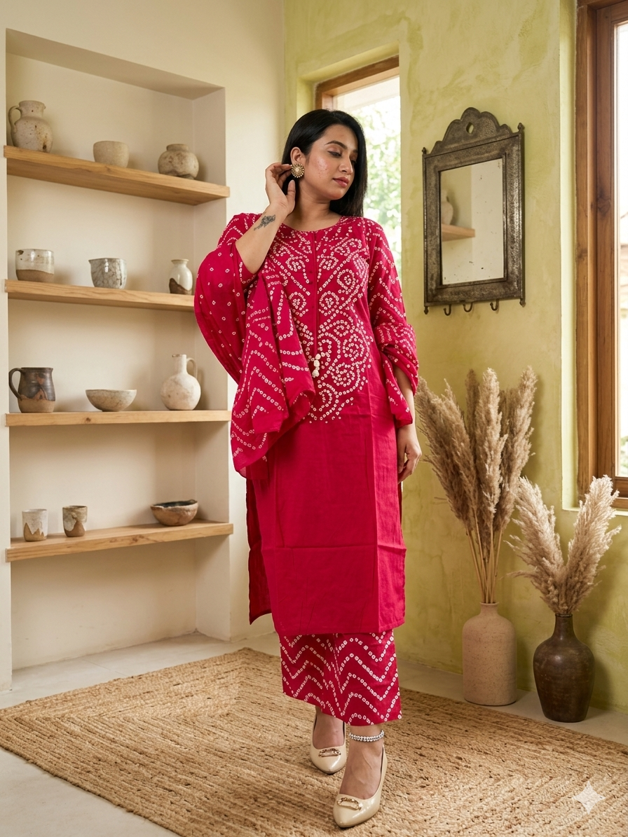 Vibrant Pink Bandhani Printed 3-Piece Kurta Set with Dupatta