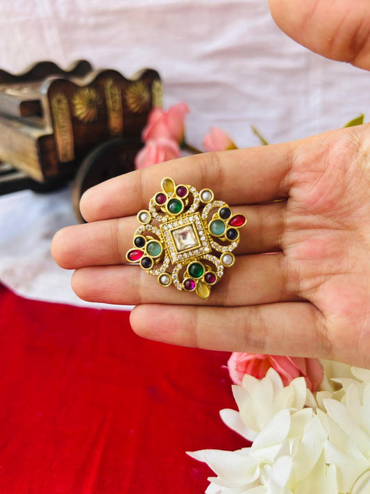 Multicolor Royal Navratna Heritage Brooch for Women
