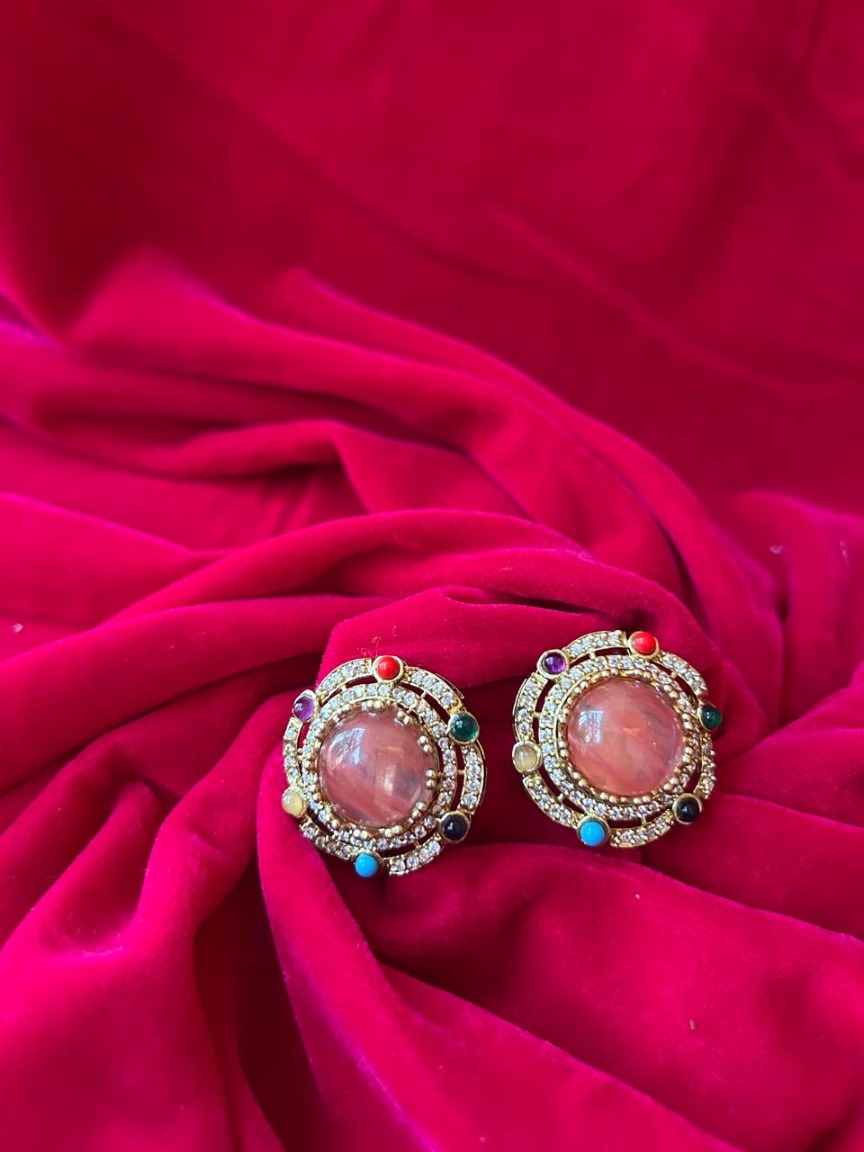 Mehandi Plated Dublet Carry Stone Designer Stud Earrings