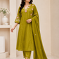 Olive Green Floral Embroidered 3-Piece Ethnic Suit Set
