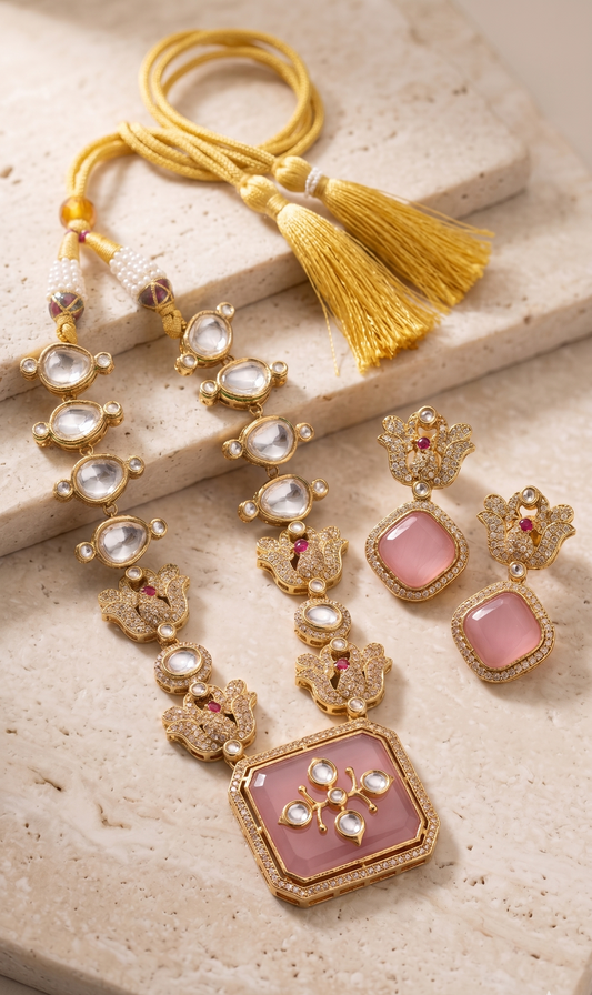 Elegant Kundan Pink Stone Necklace Set with Earrings