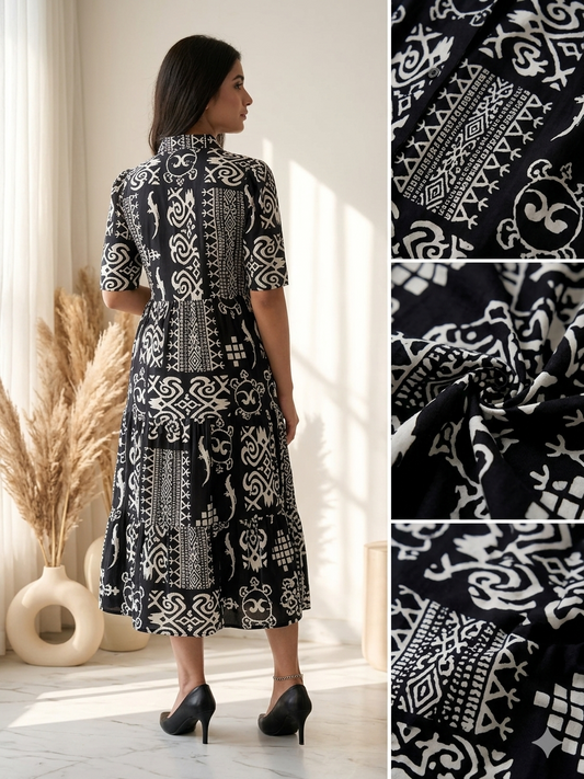 Midnight Monochrome Printed Maxi Dress