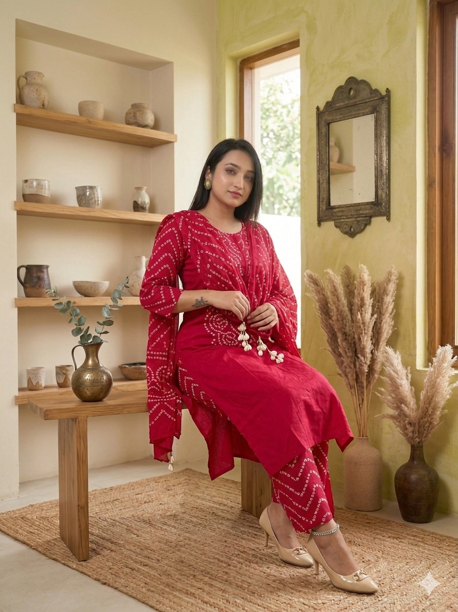 Vibrant Pink Bandhani Printed 3-Piece Kurta Set with Dupatta