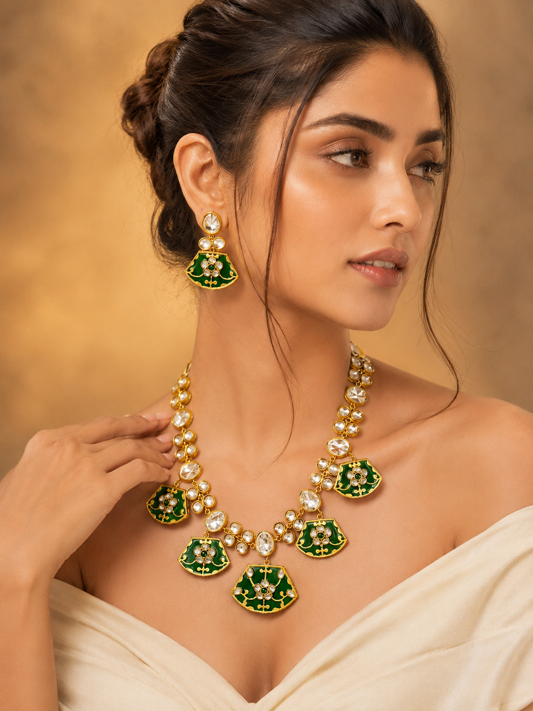 Green Kundan Polki Monalisa Choker Necklace Set with Earrings