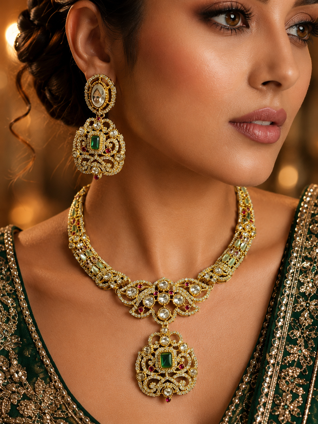 Mehandi Plated Polki Kundan Necklace Set with Glass Stones