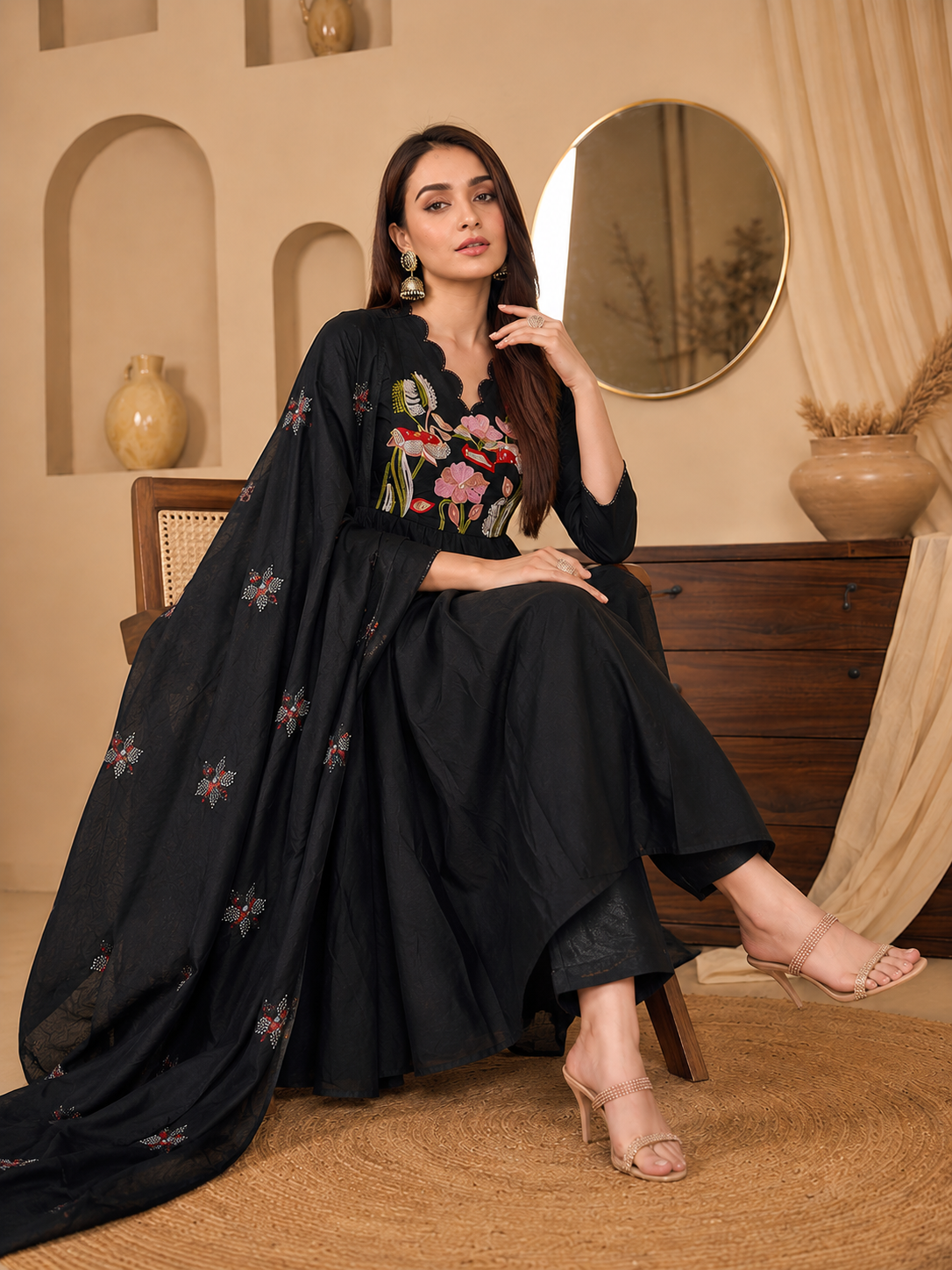 Noir Bloom Embroidered Anarkali Kurta Set