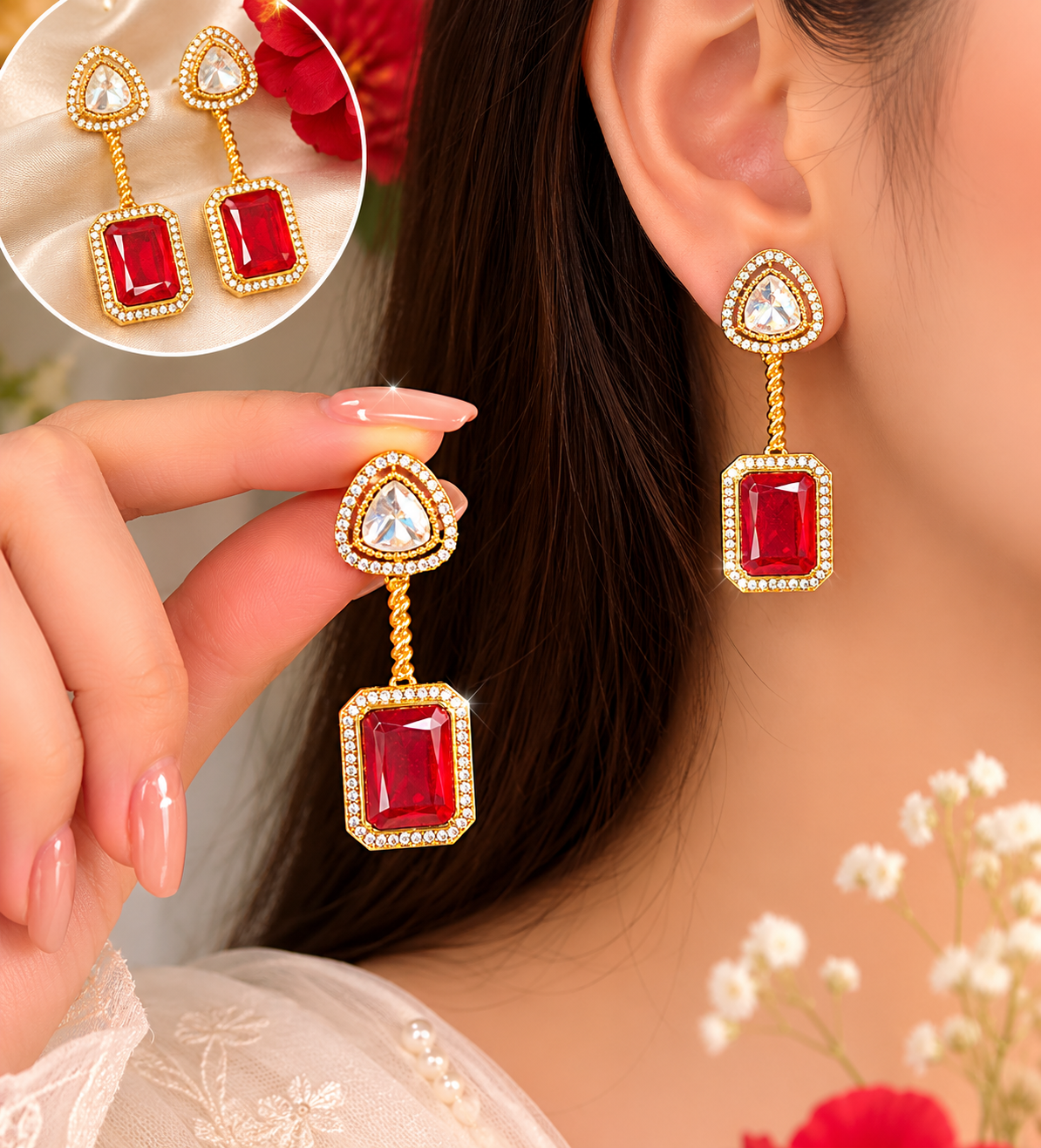 Moissanite Polki Doublet Stone Drop Earrings