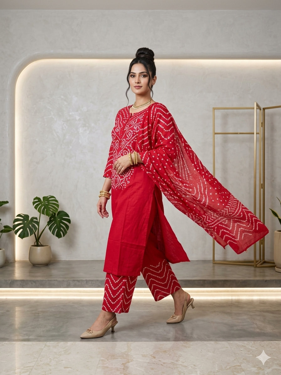 Vibrant Pink Bandhani Printed 3-Piece Kurta Set with Dupatta