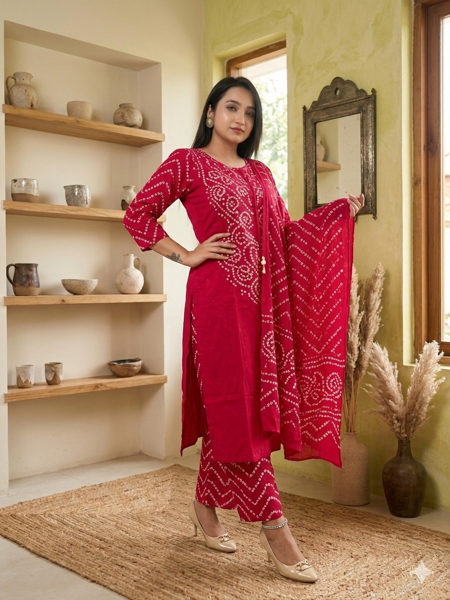 Vibrant Pink Bandhani Printed 3-Piece Kurta Set with Dupatta