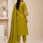 Olive Green Floral Embroidered 3-Piece Ethnic Suit Set