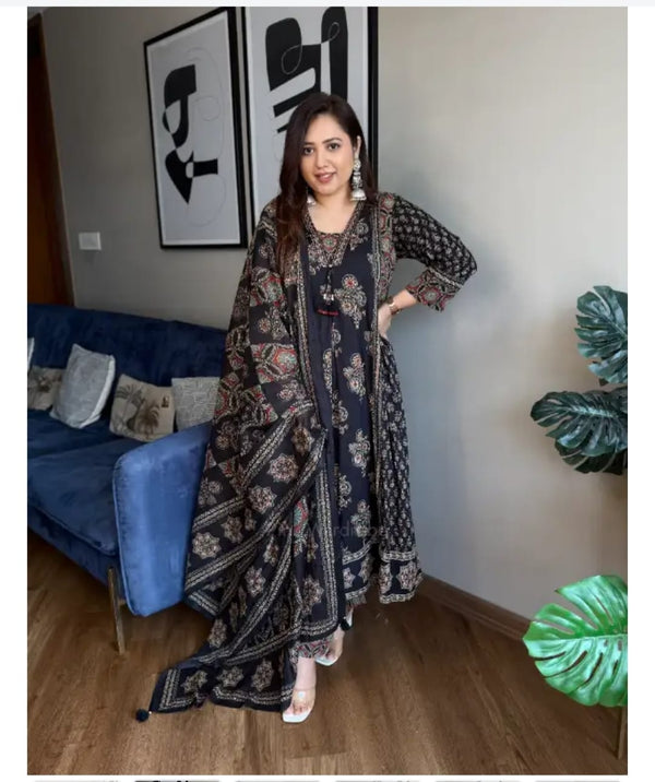 Midnight Black Printed Anarkali Suit Set with Dupatta