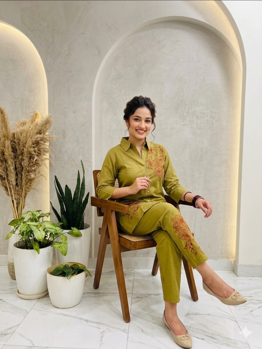 Olive Bloom Embroidered Co-ord Set
