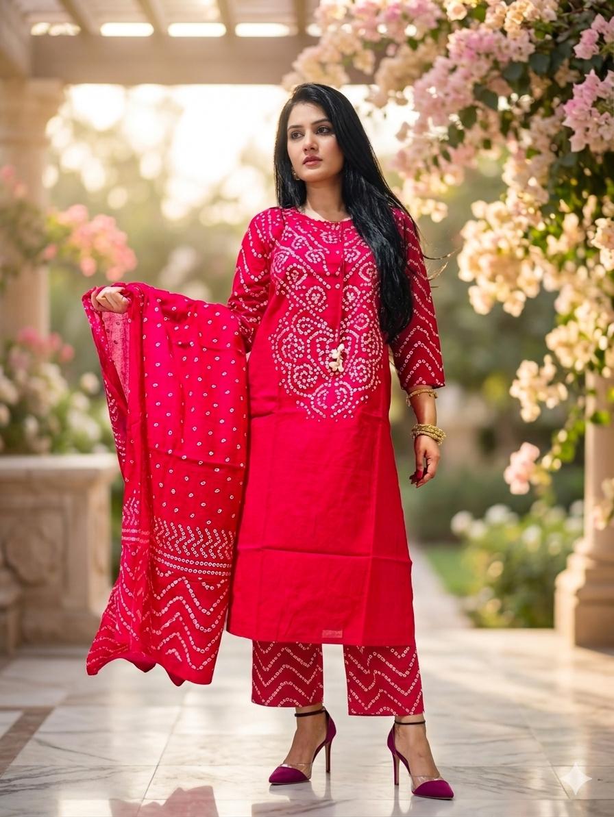 Vibrant Pink Bandhani Printed 3-Piece Kurta Set with Dupatta