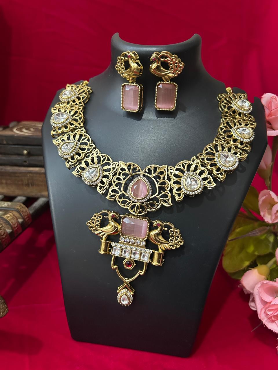 Royal Peacock Design Pink Stone Kundan Necklace Set