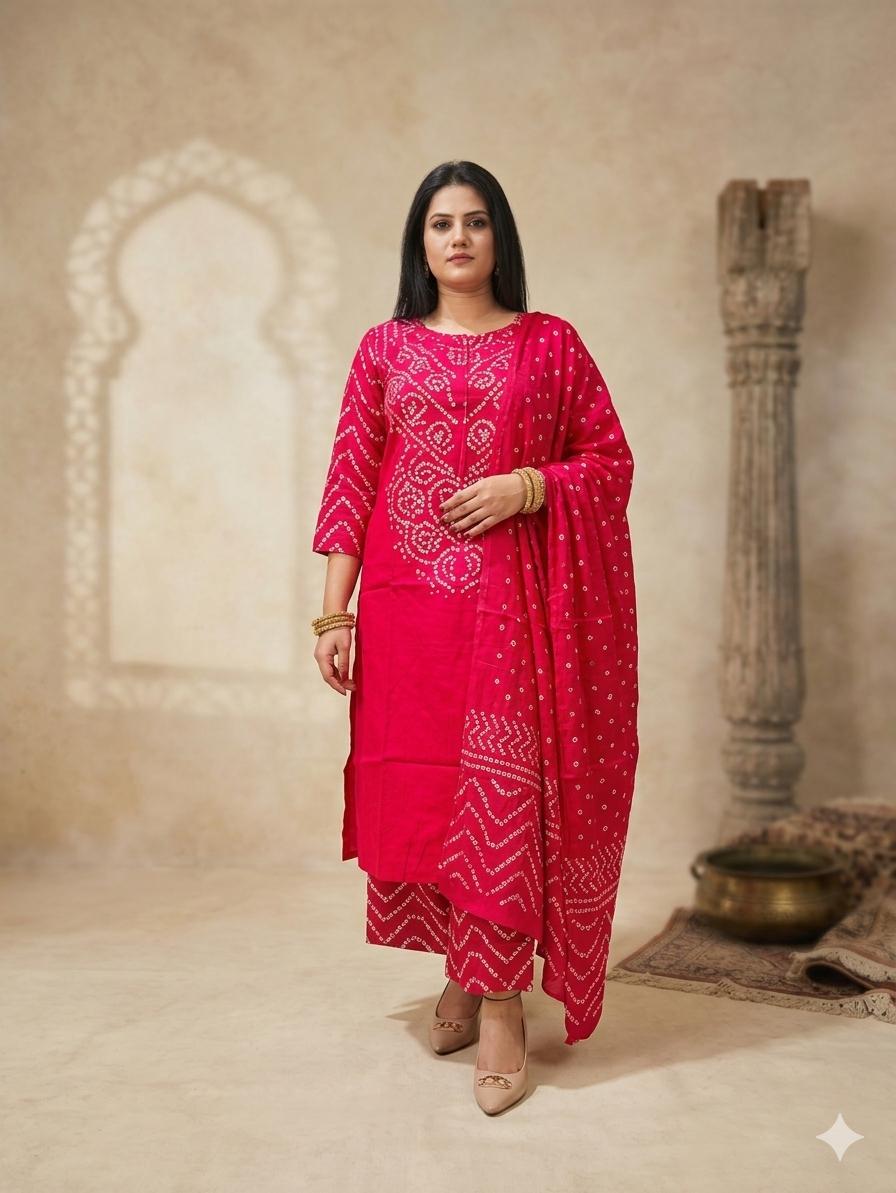 Vibrant Pink Bandhani Printed 3-Piece Kurta Set with Dupatta
