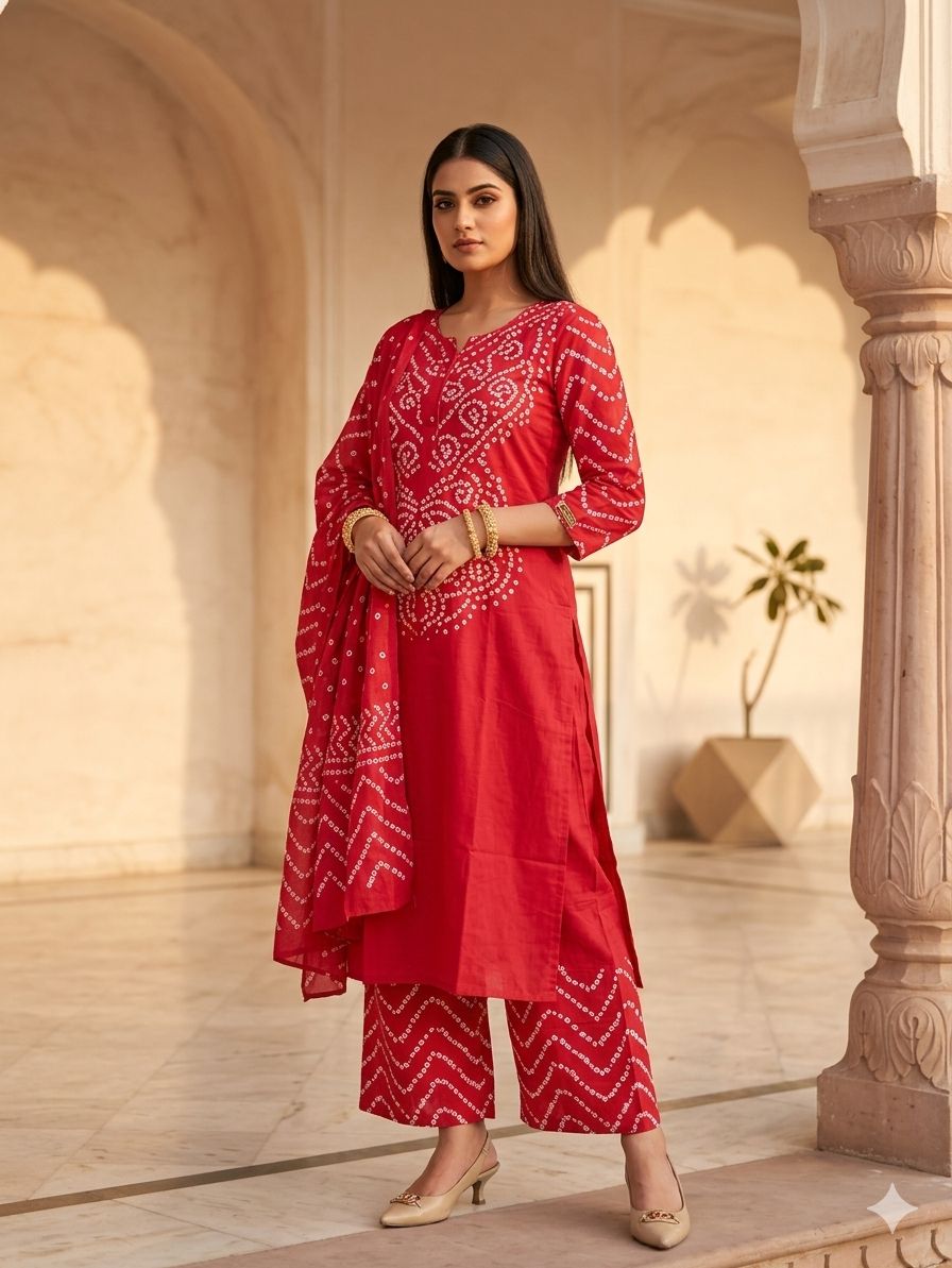 Vibrant Pink Bandhani Printed 3-Piece Kurta Set with Dupatta