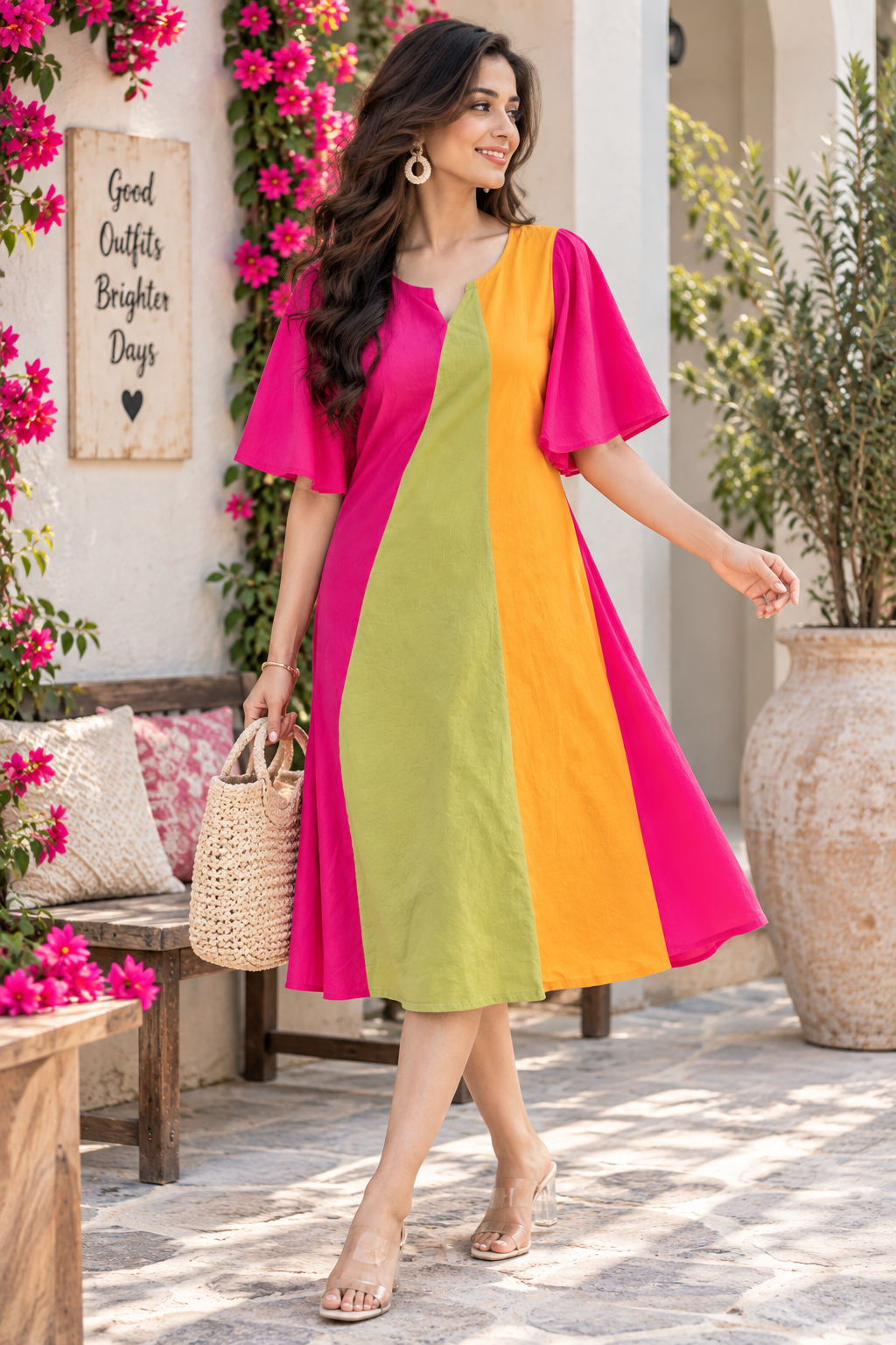 Women’s Multicolor Color Block Flared Sleeve Midi Dress
