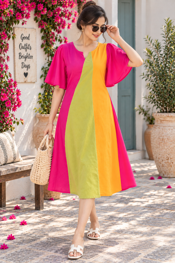Women’s Multicolor Color Block Flared Sleeve Midi Dress