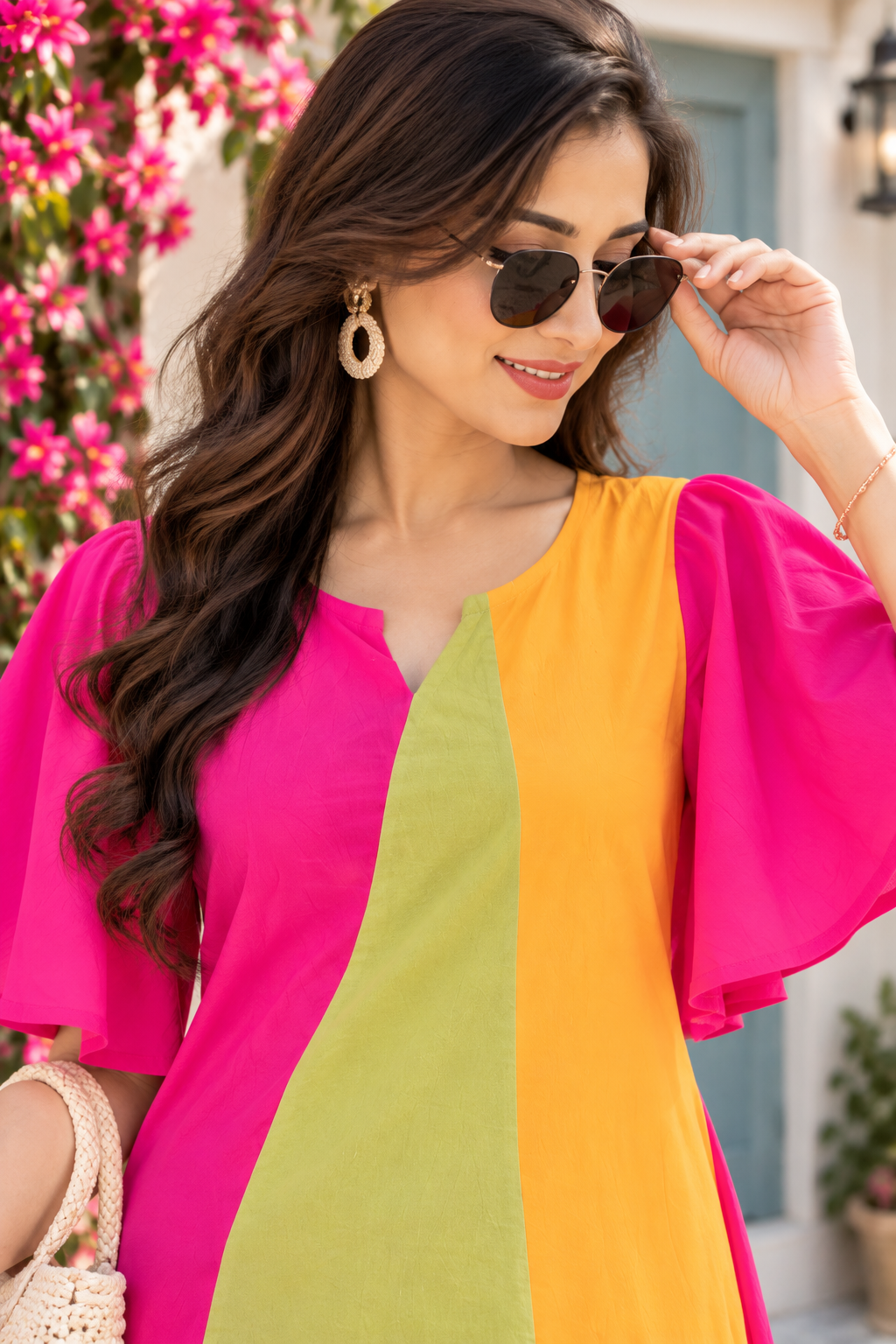 Women’s Multicolor Color Block Flared Sleeve Midi Dress