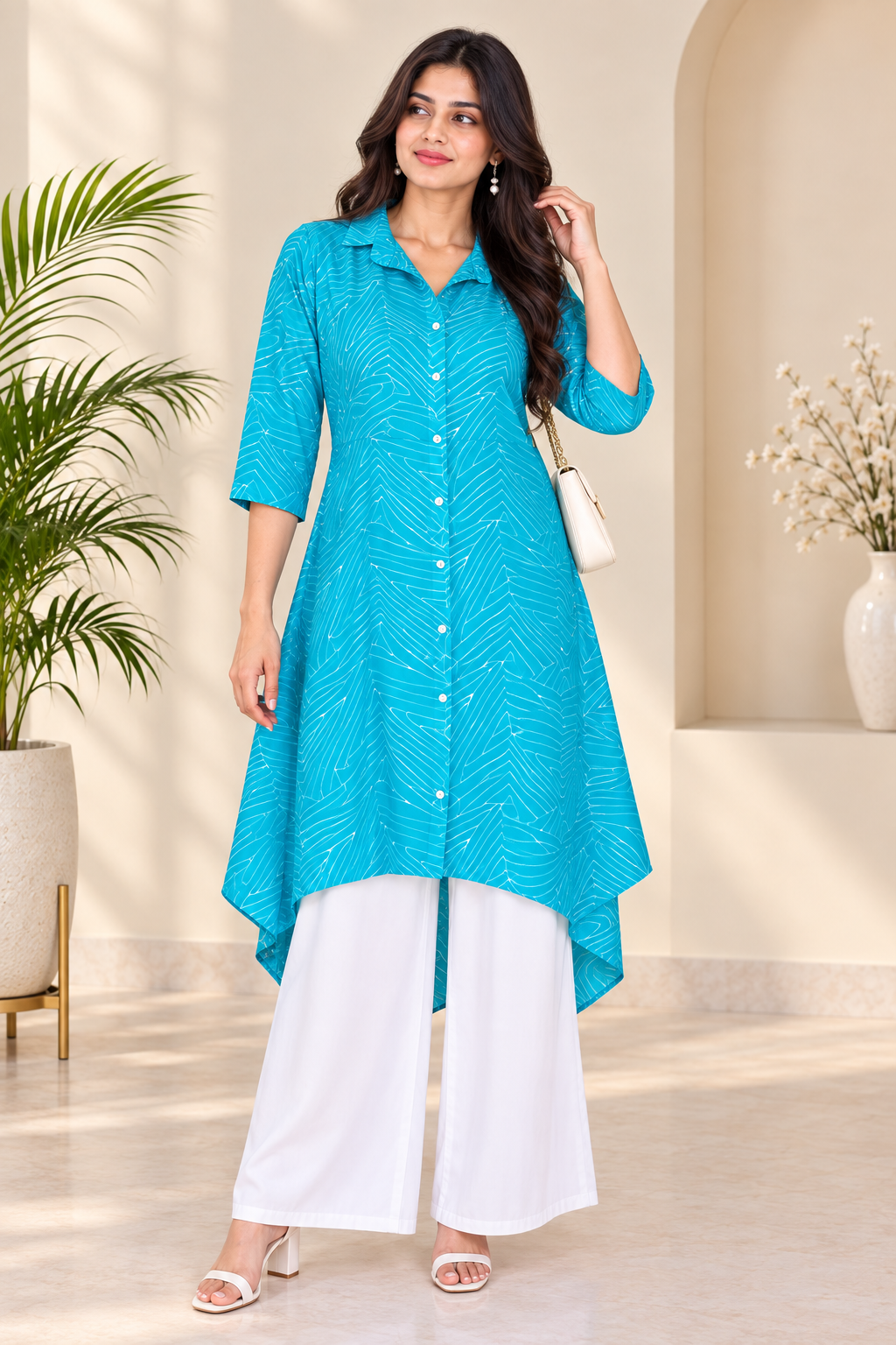 Women’s Turquoise Printed High-Low Shirt