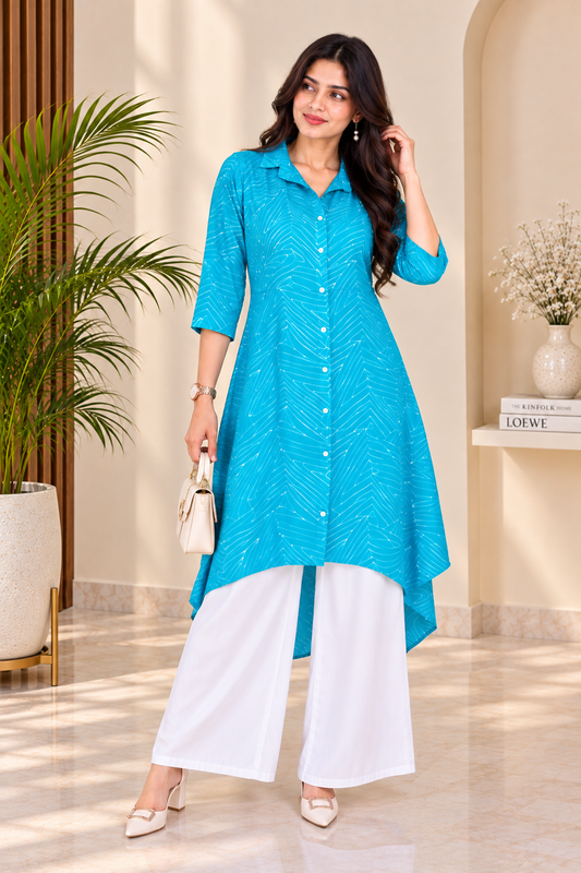 Women’s Turquoise Printed High-Low Shirt
