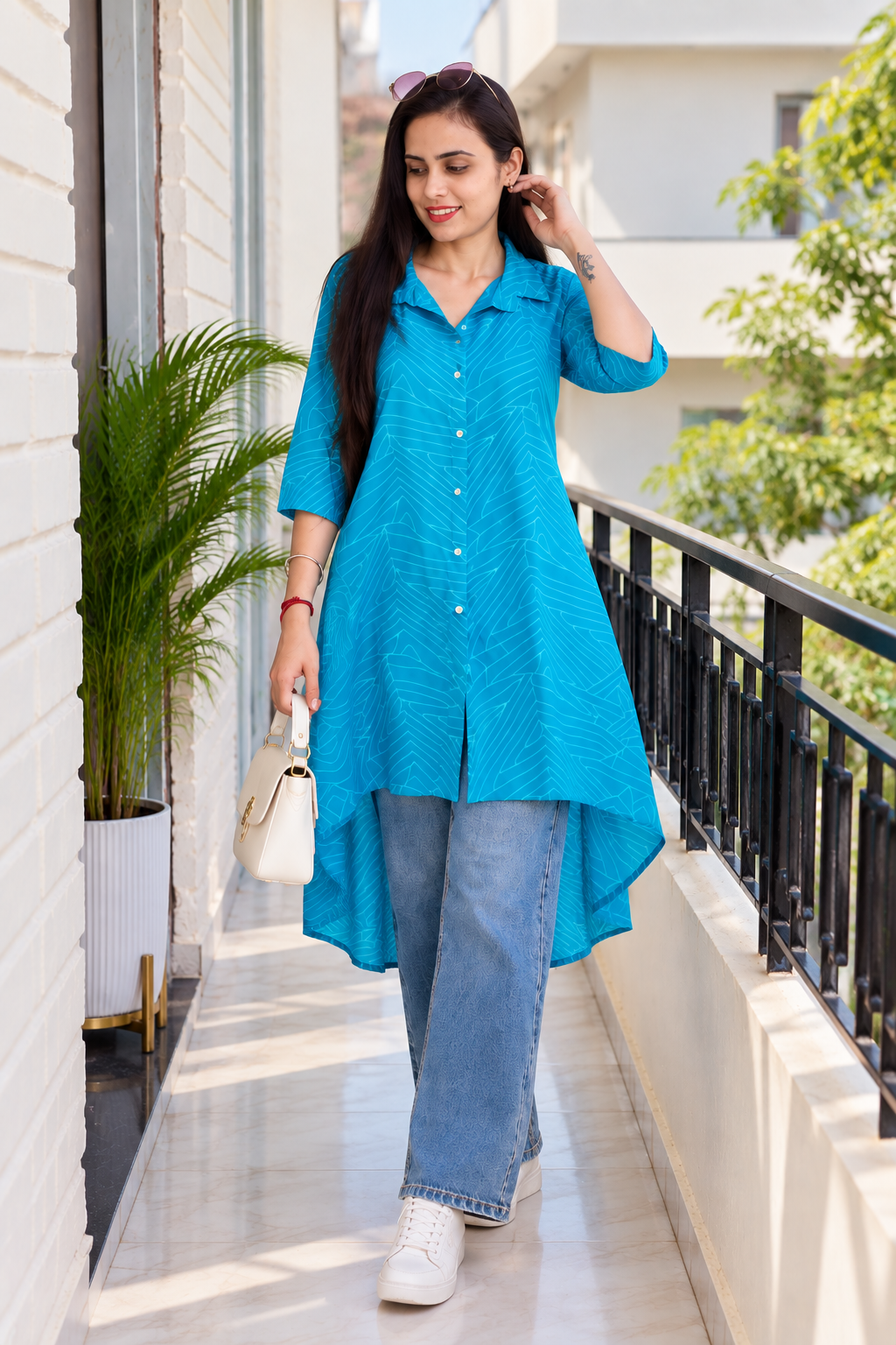 Women’s Turquoise Printed High-Low Shirt