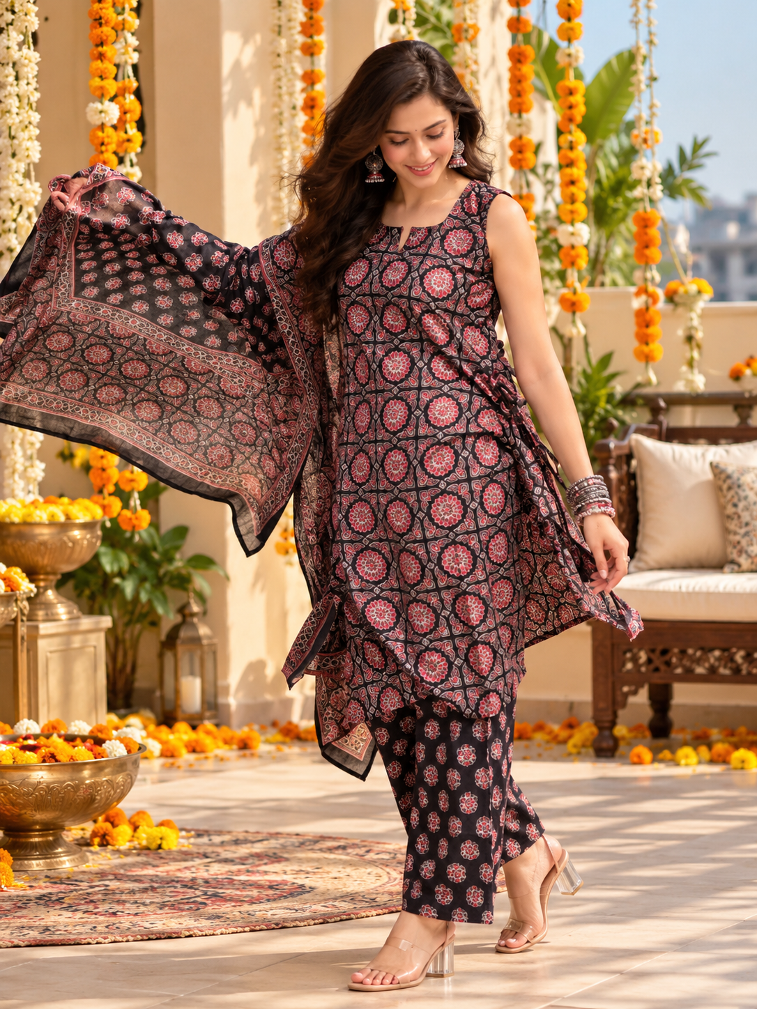 Women’s Black Floral Printed Kurta Pant Set with Dupatta