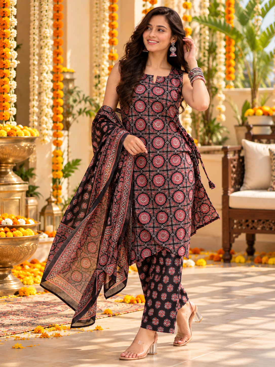 Women’s Black Floral Printed Kurta Pant Set with Dupatta