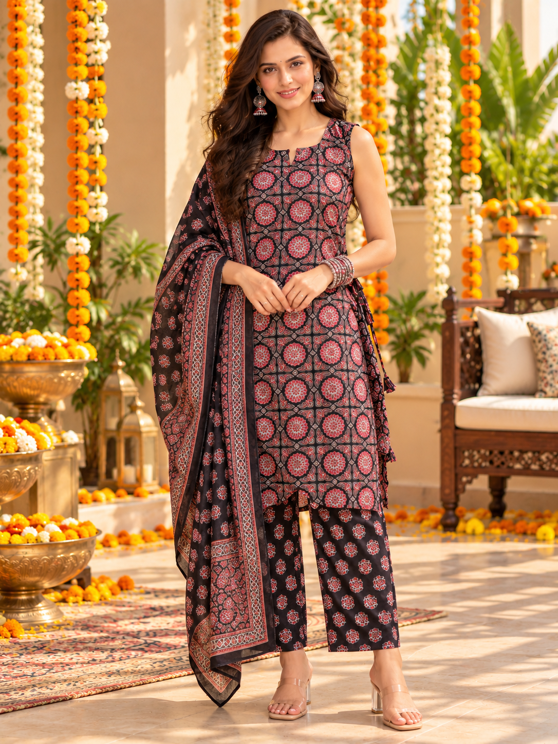 Women’s Black Floral Printed Kurta Pant Set with Dupatta