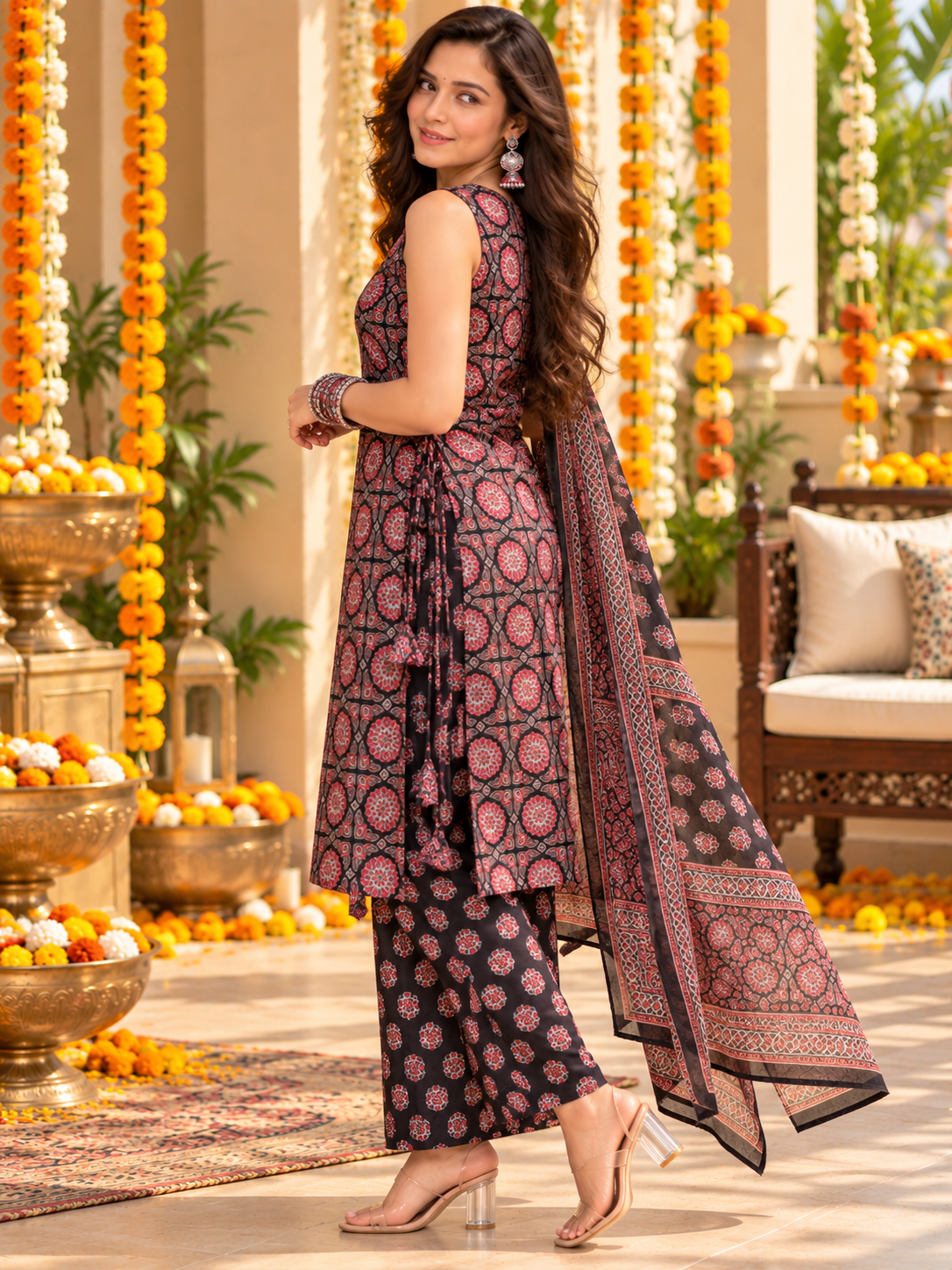 Women’s Black Floral Printed Kurta Pant Set with Dupatta