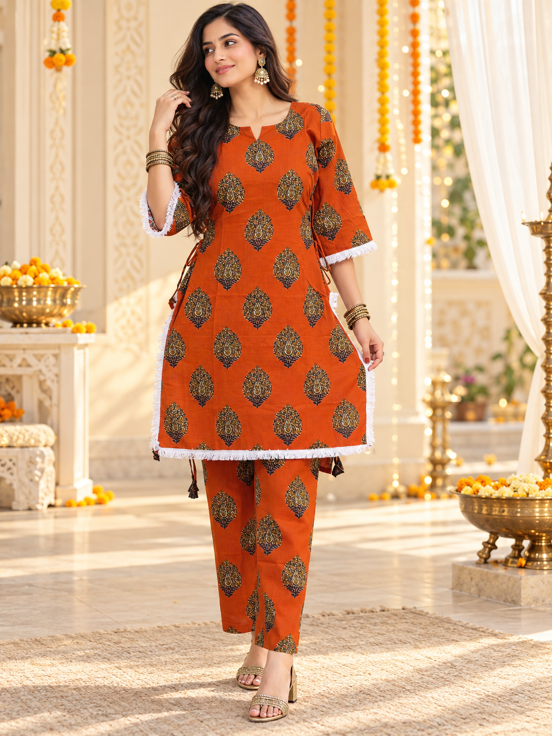 Orange Printed Co-Ord Set with Side Dori & Tassel Detail