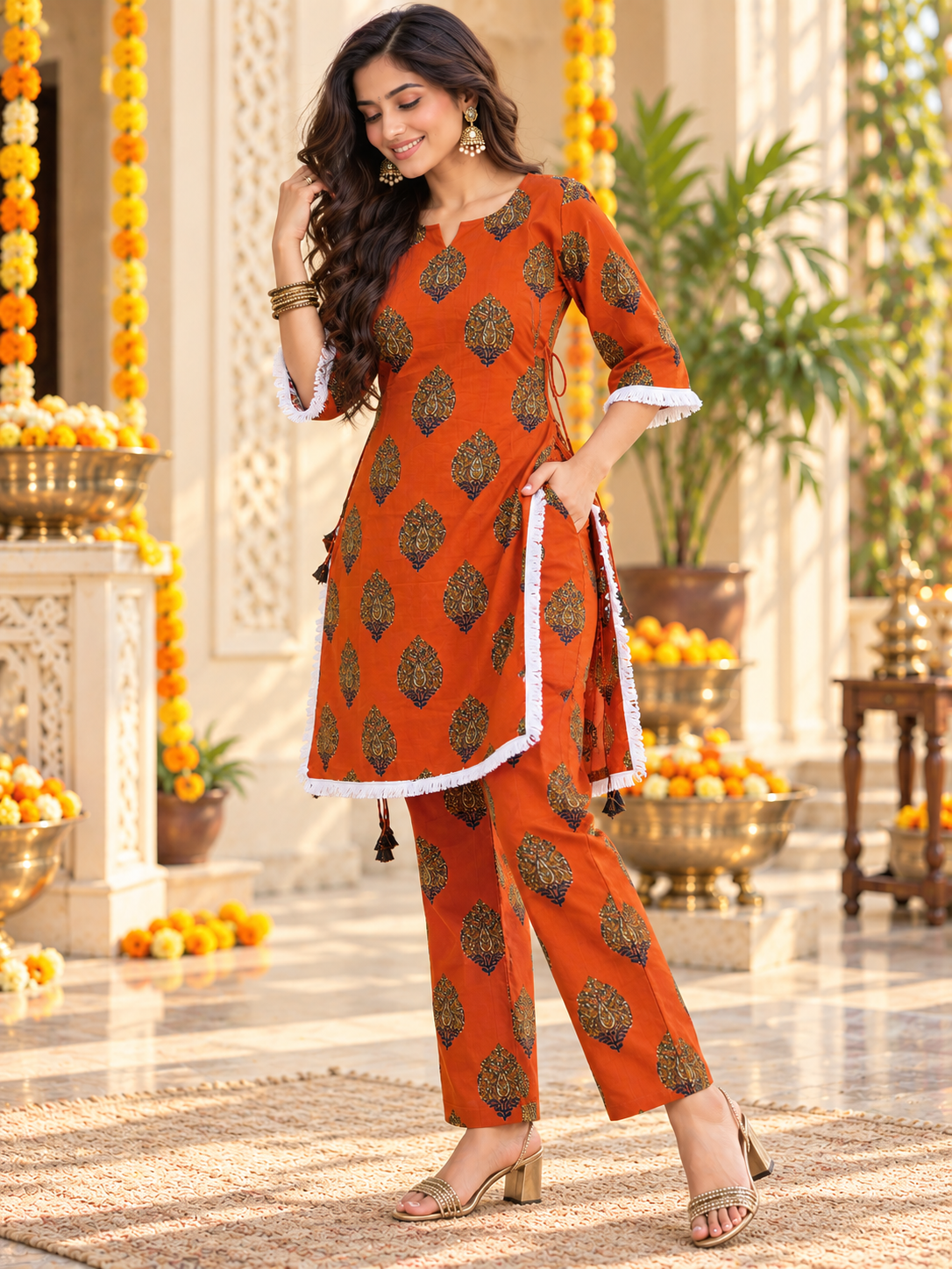 Orange Printed Co-Ord Set with Side Dori & Tassel Detail