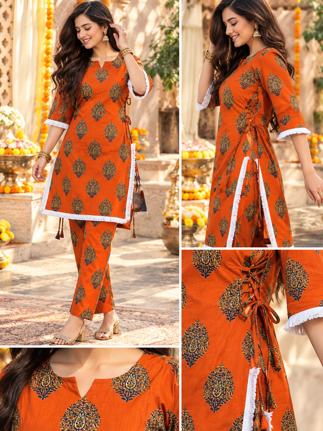 Orange Printed Co-Ord Set with Side Dori & Tassel Detail