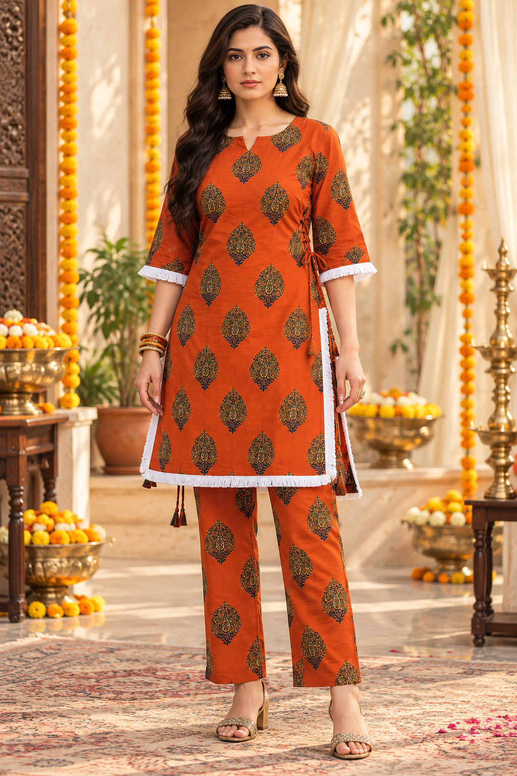 Orange Printed Co-Ord Set with Side Dori & Tassel Detail