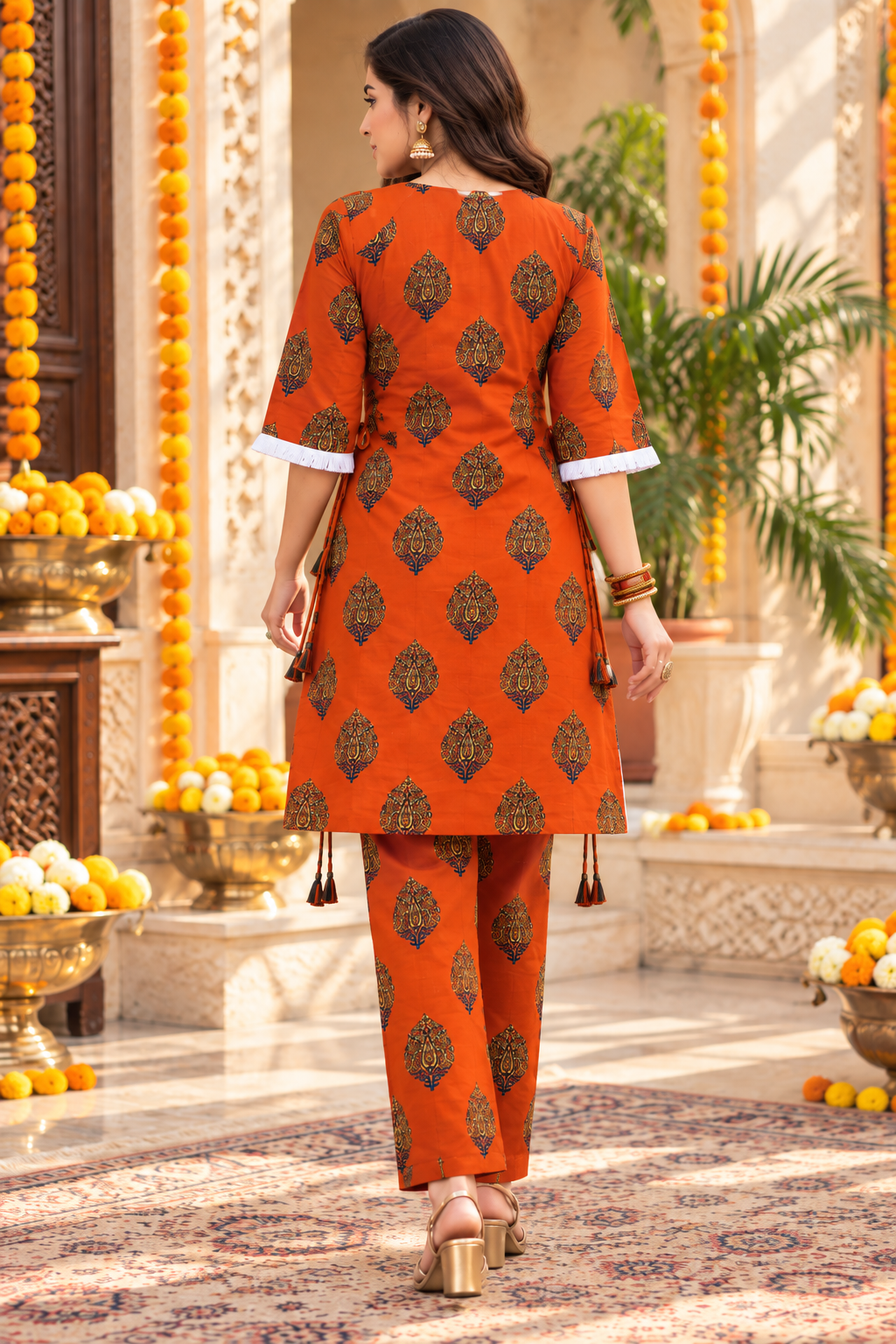 Orange Printed Co-Ord Set with Side Dori & Tassel Detail